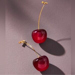 Anthropologie Deep Red Cherry Whimsical Drop Wire Earrings Gold Stem 44.00 New